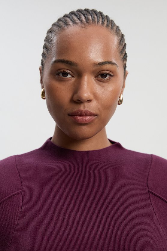 Karen Millen Plus Size Wool Look Rounded Sleeve Knit Midi Dress Burgundy