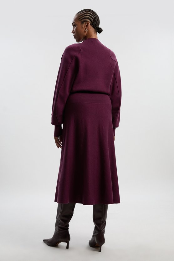 Karen Millen Plus Size Wool Look Rounded Sleeve Knit Midi Dress Burgundy