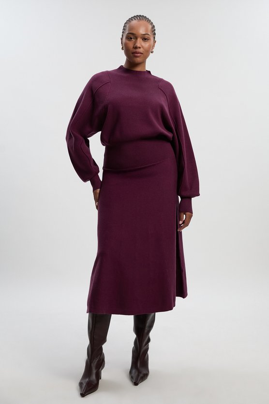 karen millen Plus Size Wool Look Rounded Sleeve Knit Midi Dress burgundy