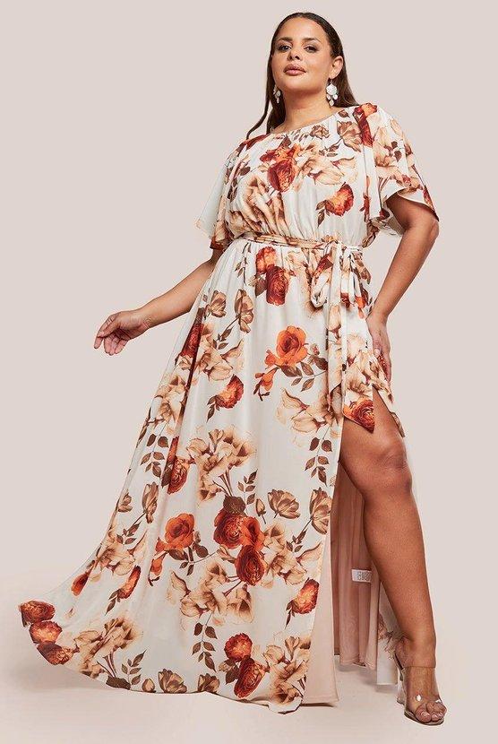 karen millen Plus Wrap Back Flutter Sleeve Maxi Beige