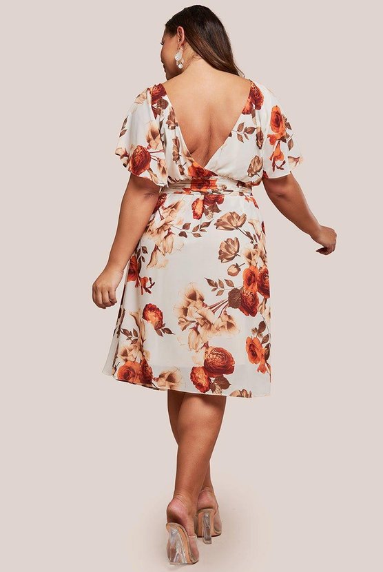 Karen Millen Plus Wrap Back Flutter Sleeve Midi Dress Beige