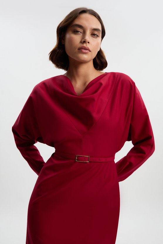Karen Millen Polished Cowl Neck Tailored Pencil Midi Dress Red