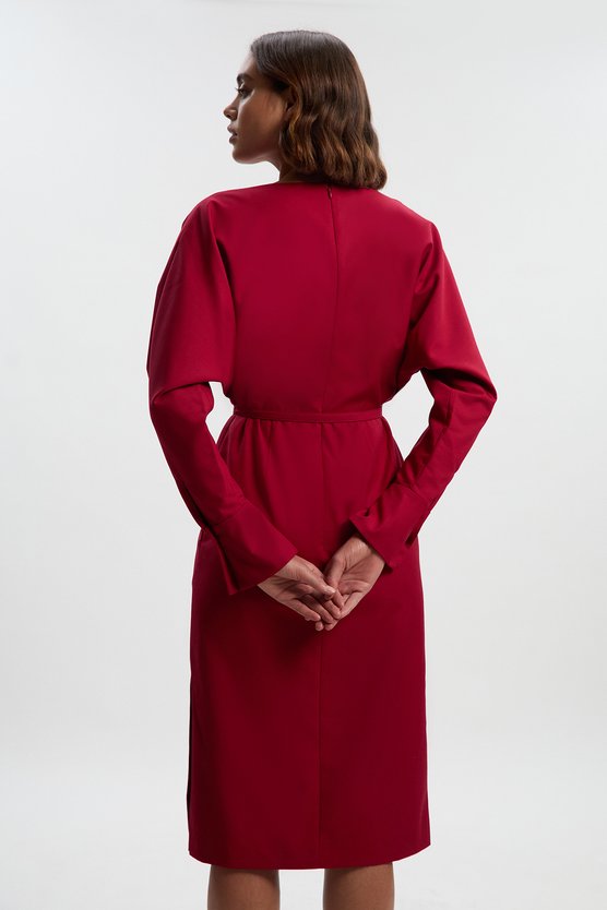 Karen Millen Polished Cowl Neck Tailored Pencil Midi Dress Red
