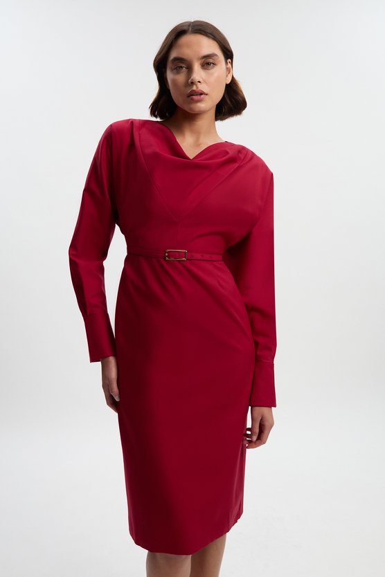 karen millen Polished Cowl Neck Tailored Pencil Midi Dress red