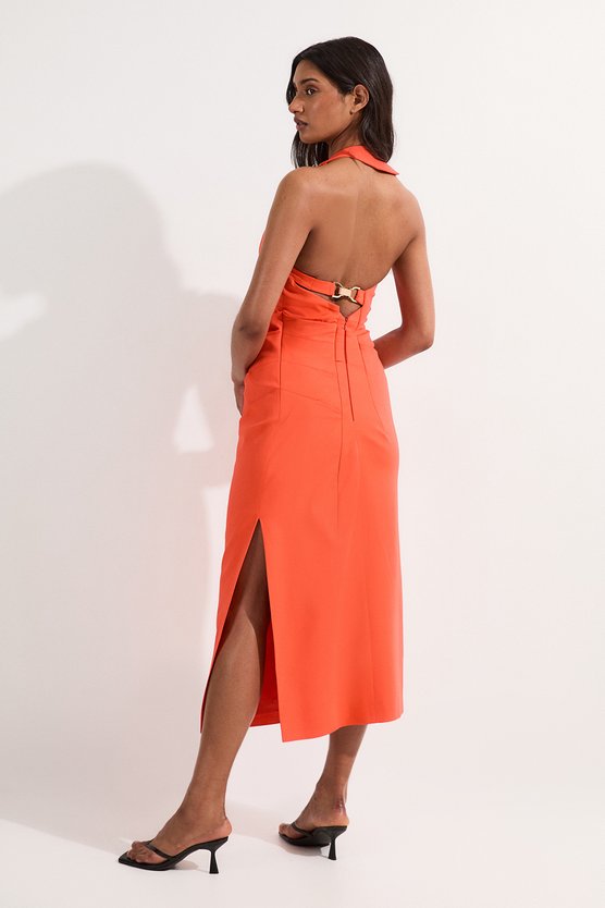 Karen Millen Polished Tailored Asymmetric Back Midi Dress Coral