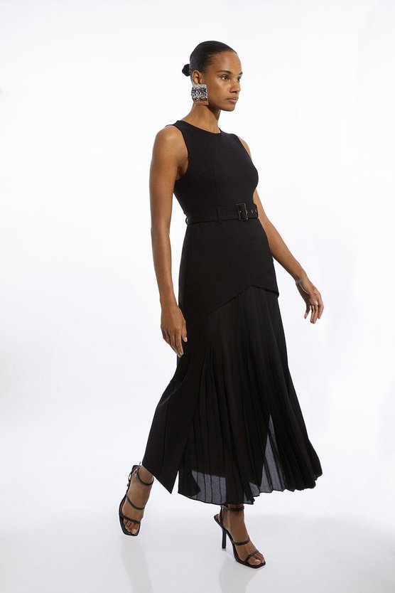 Karen Millen Ponte And Georgette Jersey Pleated Maxi Dress Black