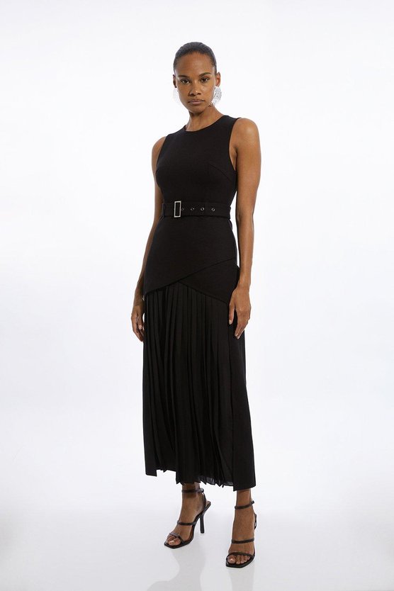 karen millen Ponte And Georgette Jersey Pleated Maxi Dress black
