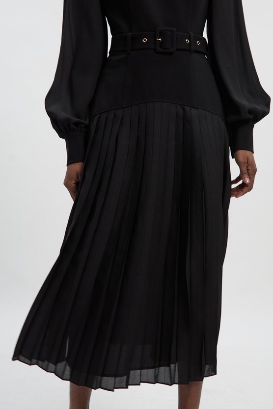 Karen Millen Ponte And Georgette Mix Balloon Sleeve Cut Out Detail Pleated Maxi Dress Black