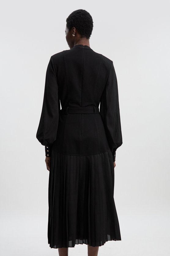 Karen Millen Ponte And Georgette Mix Balloon Sleeve Cut Out Detail Pleated Maxi Dress Black