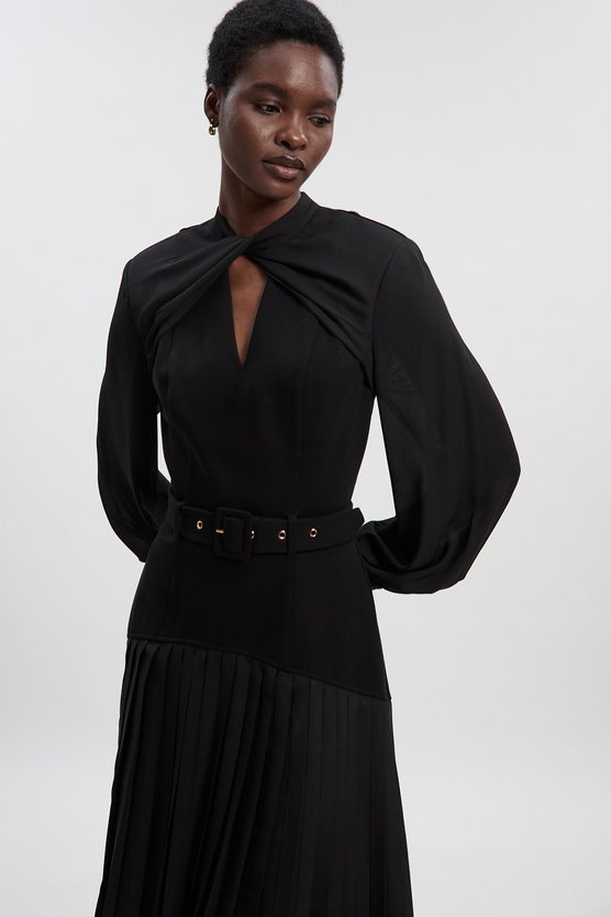 karen millen Ponte And Georgette Mix Balloon Sleeve Cut Out Detail Pleated Maxi Dress black