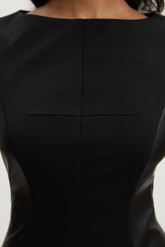 Karen Millen Ponte And Pu Mix Short Sleeve Tailored Pencil Midi Dress Black