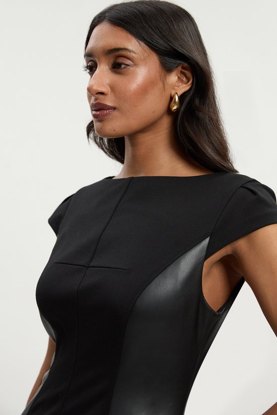 Karen Millen Ponte And Pu Mix Short Sleeve Tailored Pencil Midi Dress Black