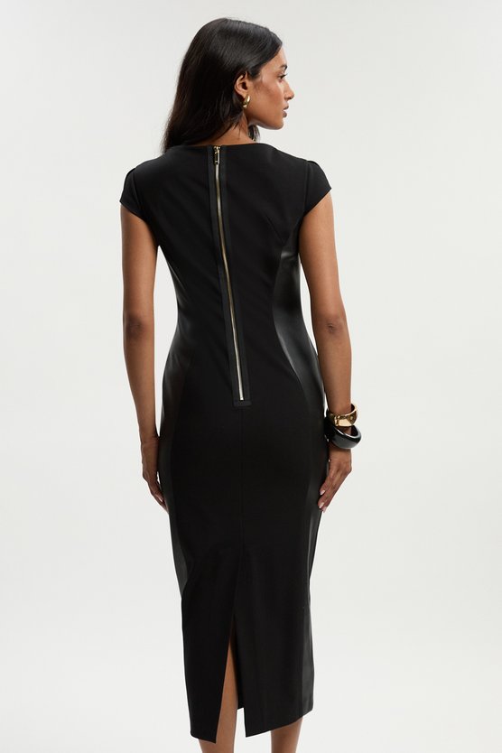 Karen Millen Ponte And Pu Mix Short Sleeve Tailored Pencil Midi Dress Black