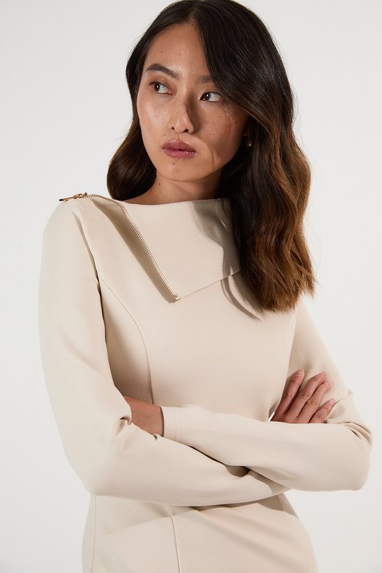 Karen Millen Ponte Envelope Neck Dress With Zip Split Detail Cream