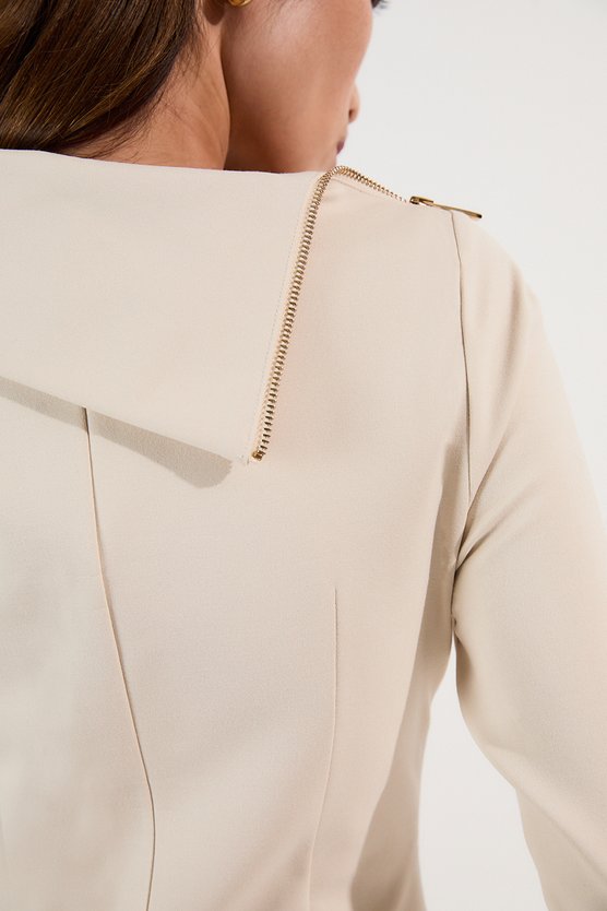 Karen Millen Ponte Envelope Neck Dress With Zip Split Detail Cream