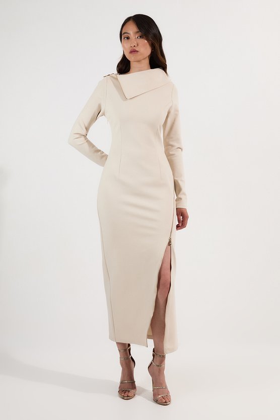 karen millen Ponte Envelope Neck Dress With Zip Split Detail cream