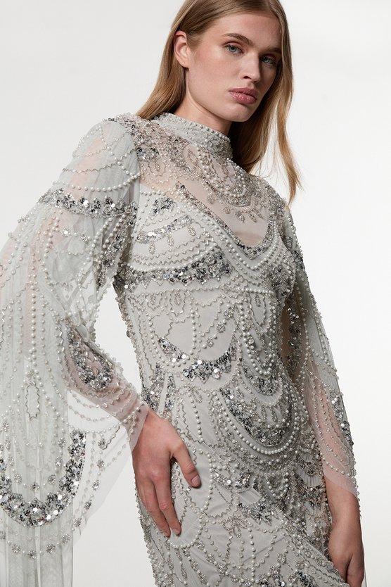 Karen Millen Premium Beaded Embellished Woven Midaxi Cape Dress Silver