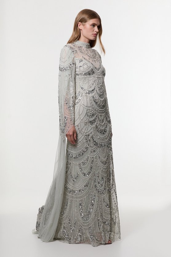 Karen Millen Premium Beaded Embellished Woven Midaxi Cape Dress Silver