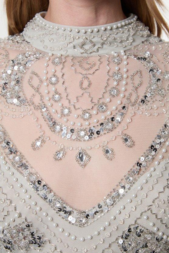 Karen Millen Premium Beaded Embellished Woven Midaxi Cape Dress Silver