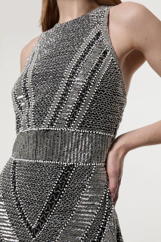 Karen Millen Premium Beading And Embellished Woven Halter Neck Maxi Dress Mono