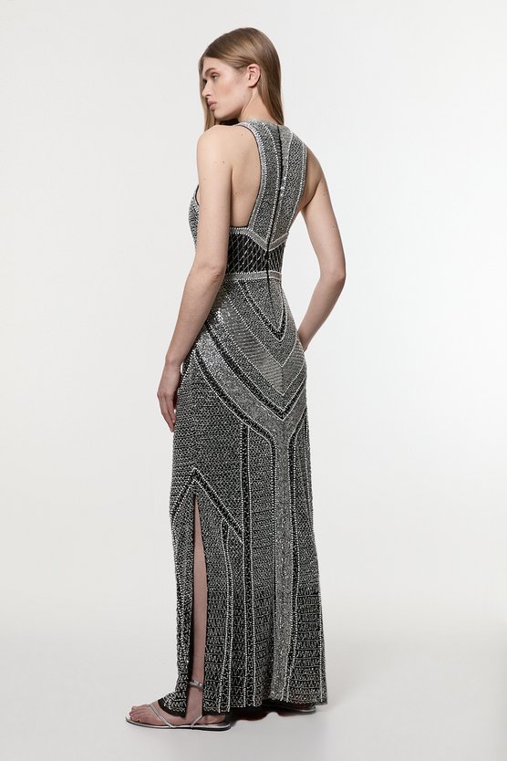 Karen Millen Premium Beading And Embellished Woven Halter Neck Maxi Dress Mono