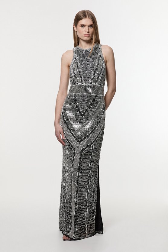karen millen Premium Beading And Embellished Woven Halter Neck Maxi Dress mono