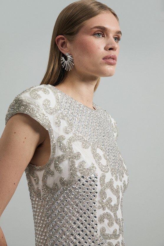 Karen Millen Premium Crystal Embellished Fringe Maxi Dress Ivory