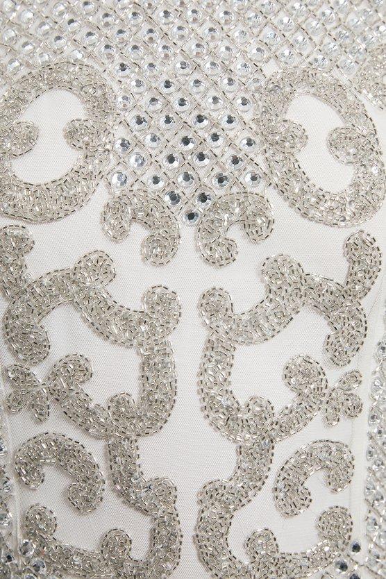 Karen Millen Premium Crystal Embellished Fringe Maxi Dress Ivory