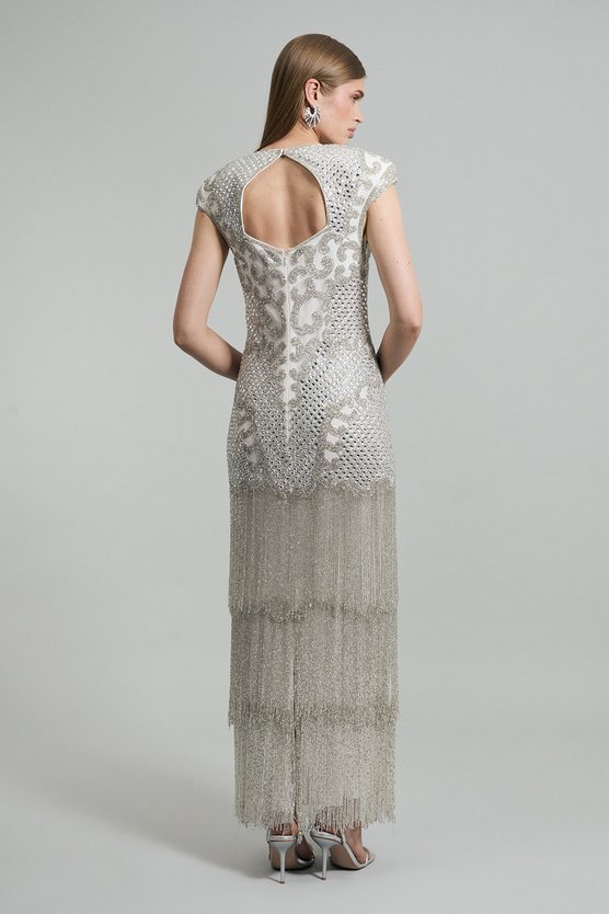 Karen Millen Premium Crystal Embellished Fringe Maxi Dress Ivory
