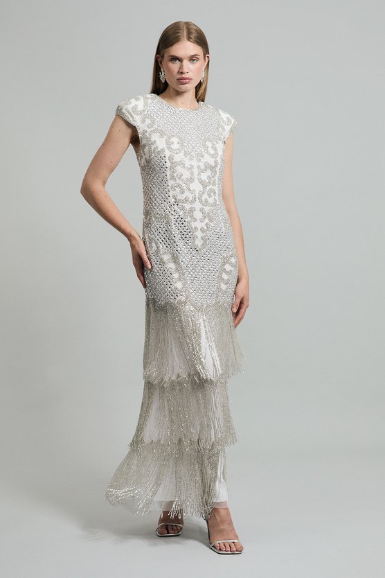 karen millen Premium Crystal Embellished Fringe Maxi Dress ivory