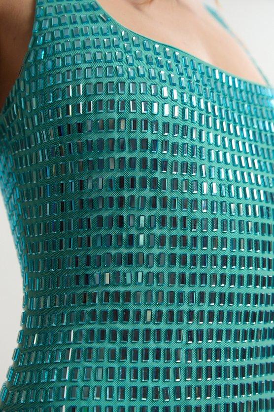 Karen Millen Premium Crystal Embellished Jersey Midi Dress Aqua