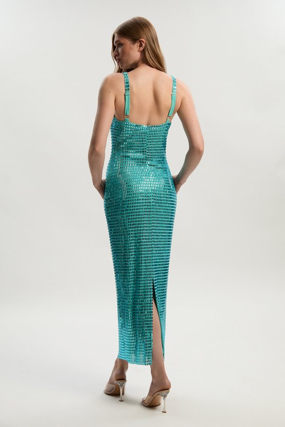 Karen Millen Premium Crystal Embellished Jersey Midi Dress Aqua