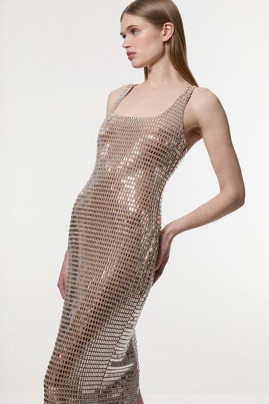 karen millen Premium Crystal Embellished Jersey Midi Dress nude