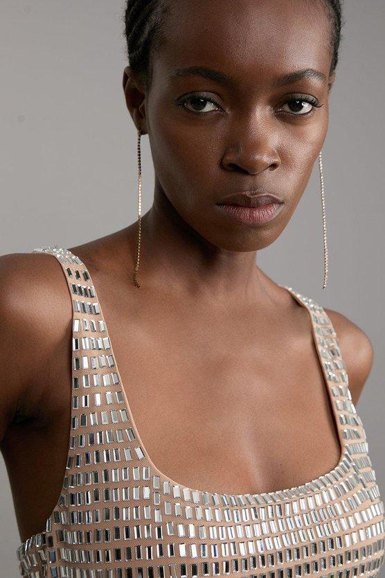 Karen Millen Premium Crystal Embellished Jersey Mini Dress Nude