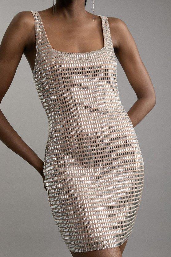 Karen Millen Premium Crystal Embellished Jersey Mini Dress Nude