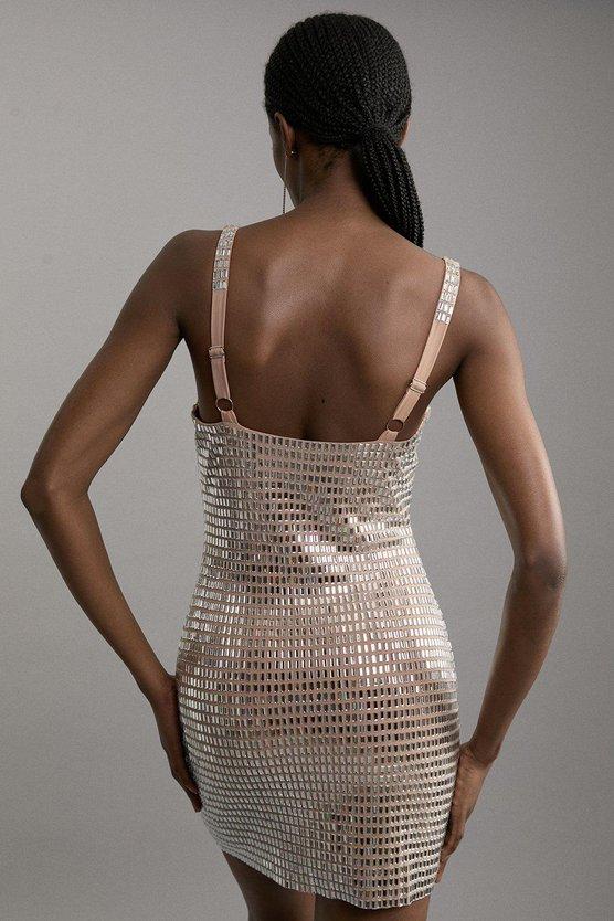 Karen Millen Premium Crystal Embellished Jersey Mini Dress Nude