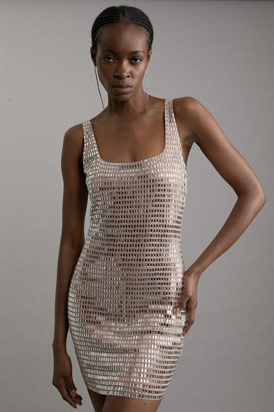 karen millen Premium Crystal Embellished Jersey Mini Dress nude