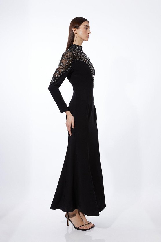 Karen Millen Premium Crystal Embellished Woven Maxi Dress Black