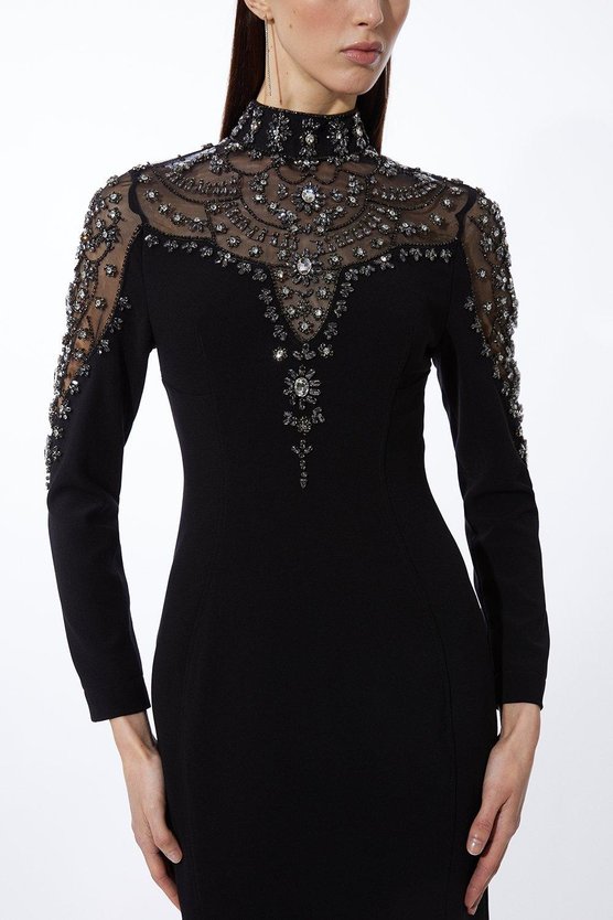 Karen Millen Premium Crystal Embellished Woven Maxi Dress Black