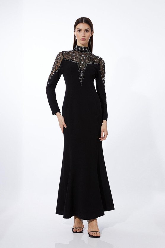 karen millen Premium Crystal Embellished Woven Maxi Dress black