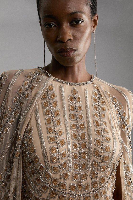 Karen Millen Premium Embellished Cape Maxi Dress Nude