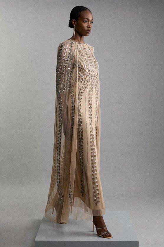 Karen Millen Premium Embellished Cape Maxi Dress Nude