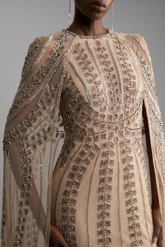 Karen Millen Premium Embellished Cape Maxi Dress Nude