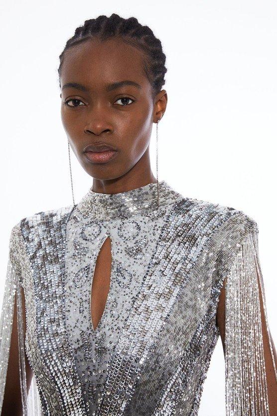 Karen Millen Premium Embellished Tassel Sleeve Woven Maxi Dress Silver