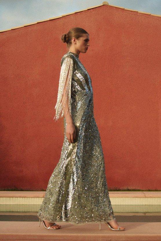 karen millen Premium Embellished Tassel Sleeve Woven Maxi Dress silver karen millen Premium Embellished Tassel Sleeve Woven Maxi Dress silver