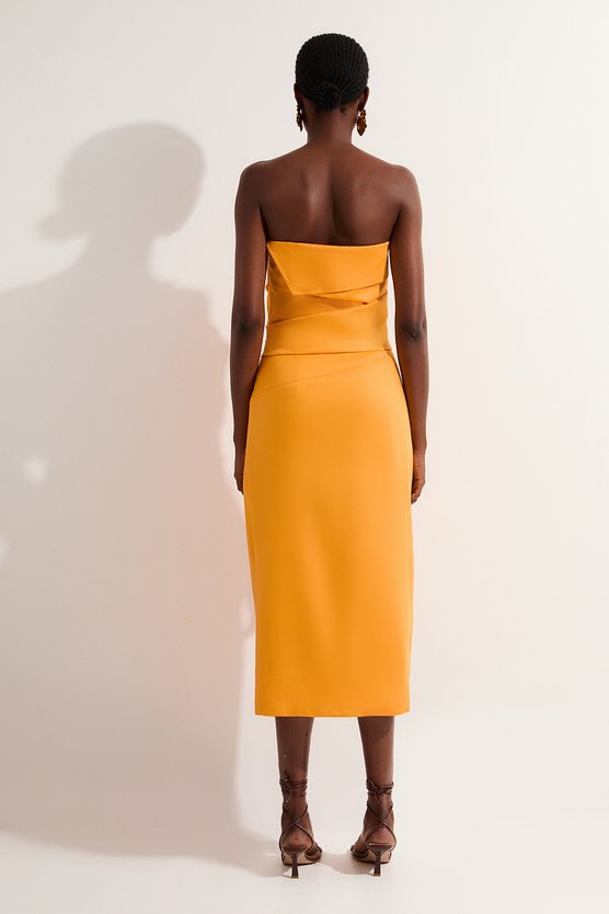 Karen Millen Premium Linen Structured Pleated Bandeau Tailored Midi Pencil Dress Mango