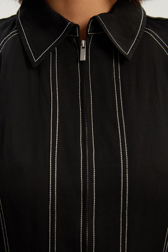 Karen Millen Premium Linen Twill Topstitch Woven Maxi Dress Black