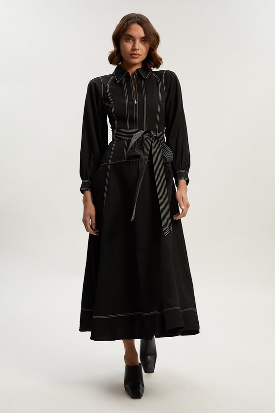 karen millen Premium Linen Twill Topstitch Woven Maxi Dress black