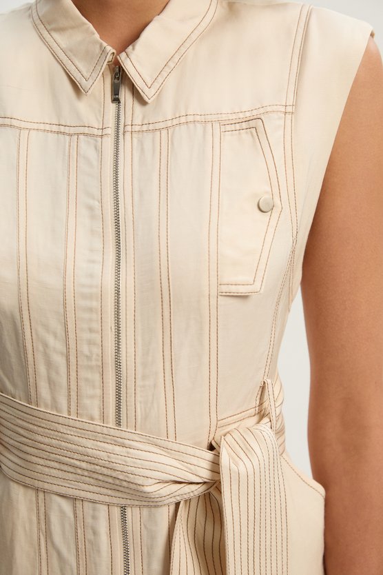 Karen Millen Premium Linen Twill Topstitch Woven Sleeveless Midi Dress Ivory