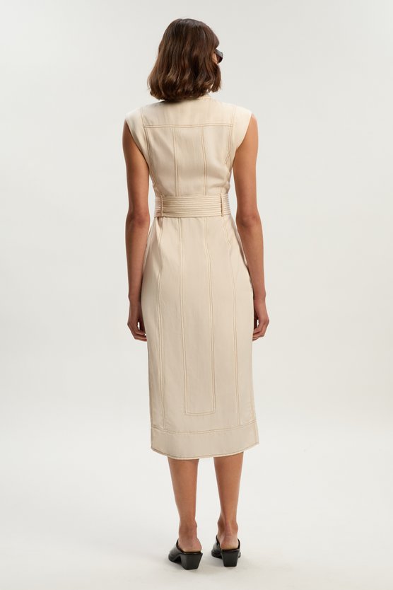 Karen Millen Premium Linen Twill Topstitch Woven Sleeveless Midi Dress Ivory